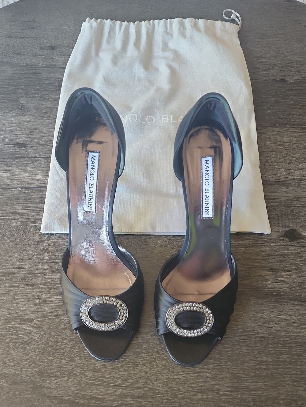 MANOLO BLAHNIK Black Satin D'Orsay Open-Toe Heels with Crystal Oval Buckle 39.5